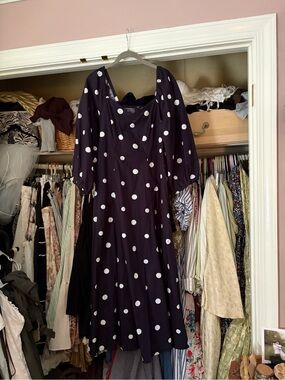 Polka Dot Puff-Sleeve Midi Dress - Black with White Dots